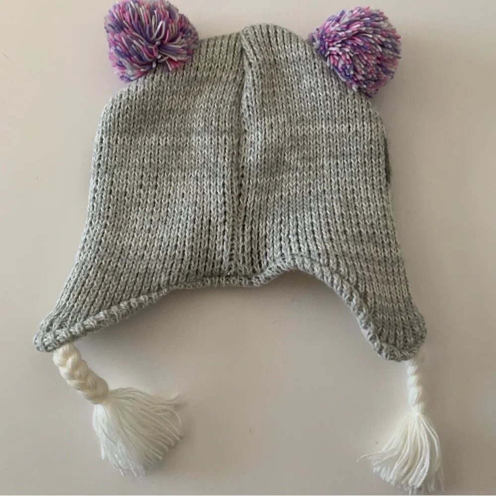 Kids Knit Owl Beanie Hat With Matching Pocket Scarf Gray and Pink